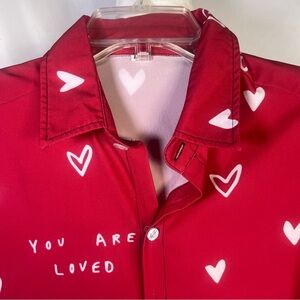 Amazon “You‎ Are Loved” Red Heart Print Men's Shirt Red with White Hearts Large
